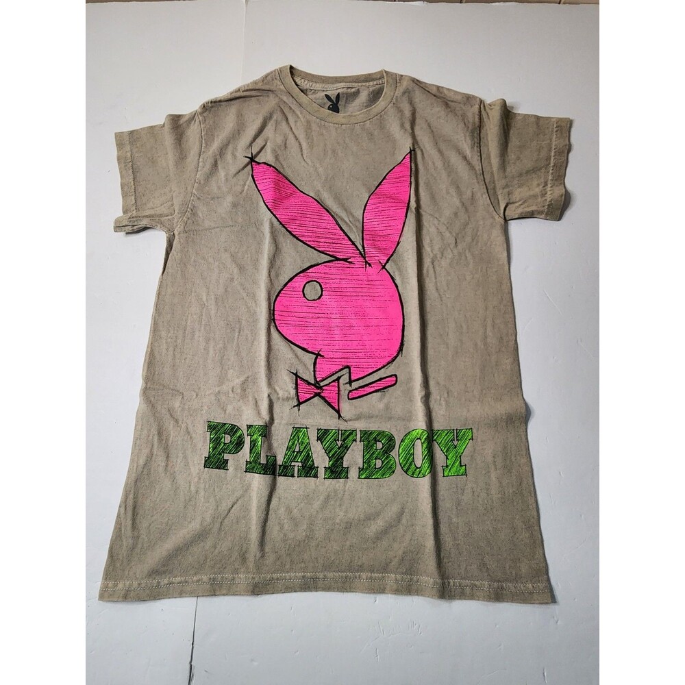 Playboy Bunny Graphic T-shirt Mens Small Tan Pink Bunny Green Wording